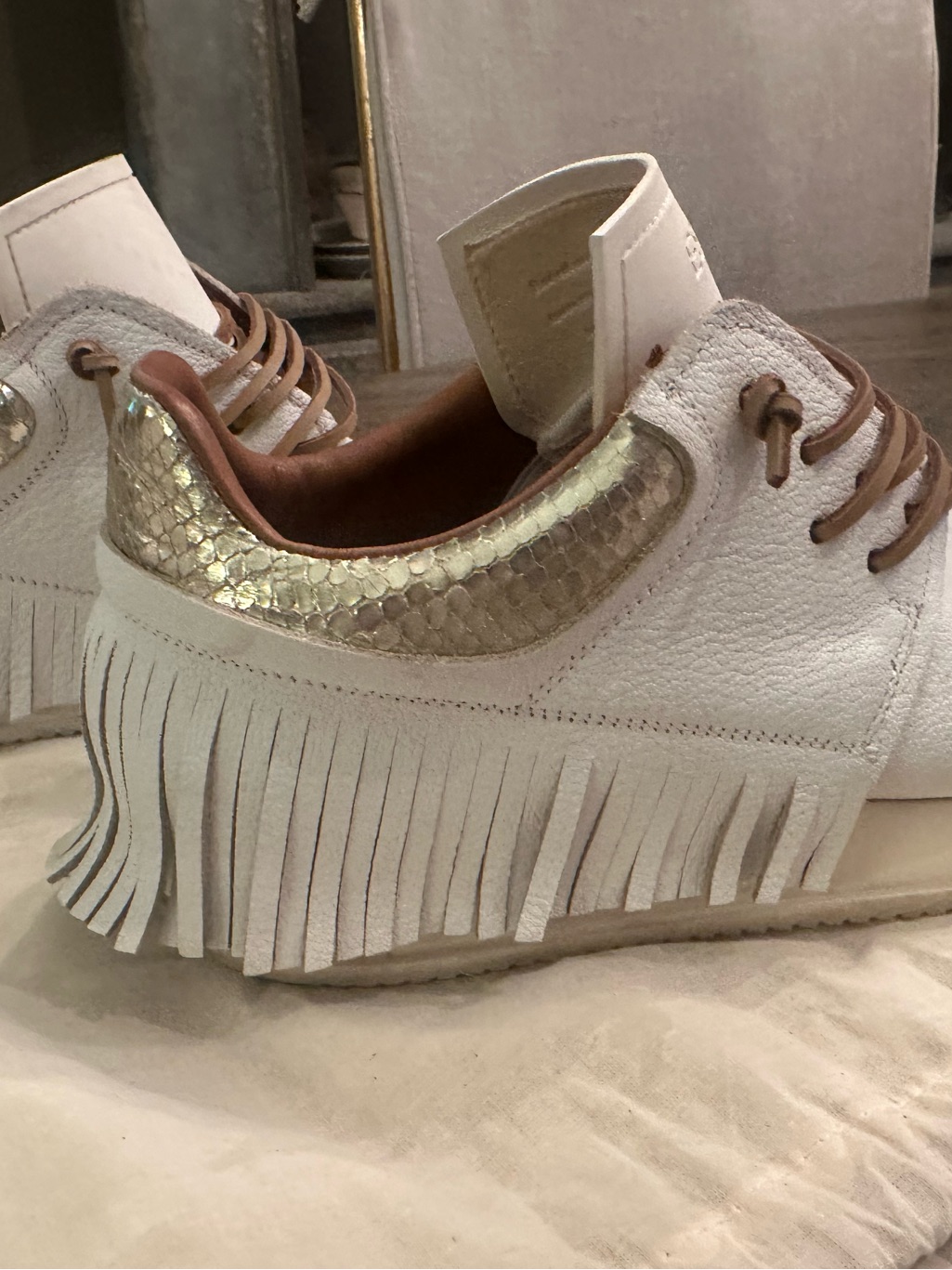 White/Gold Esseutesse Fringe Sneakers Size 40